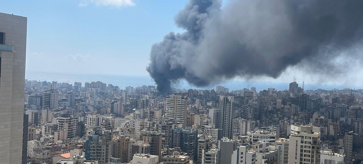 Smoke rises over the Lebanese capital Beirut in the aftermath of an airstrike.