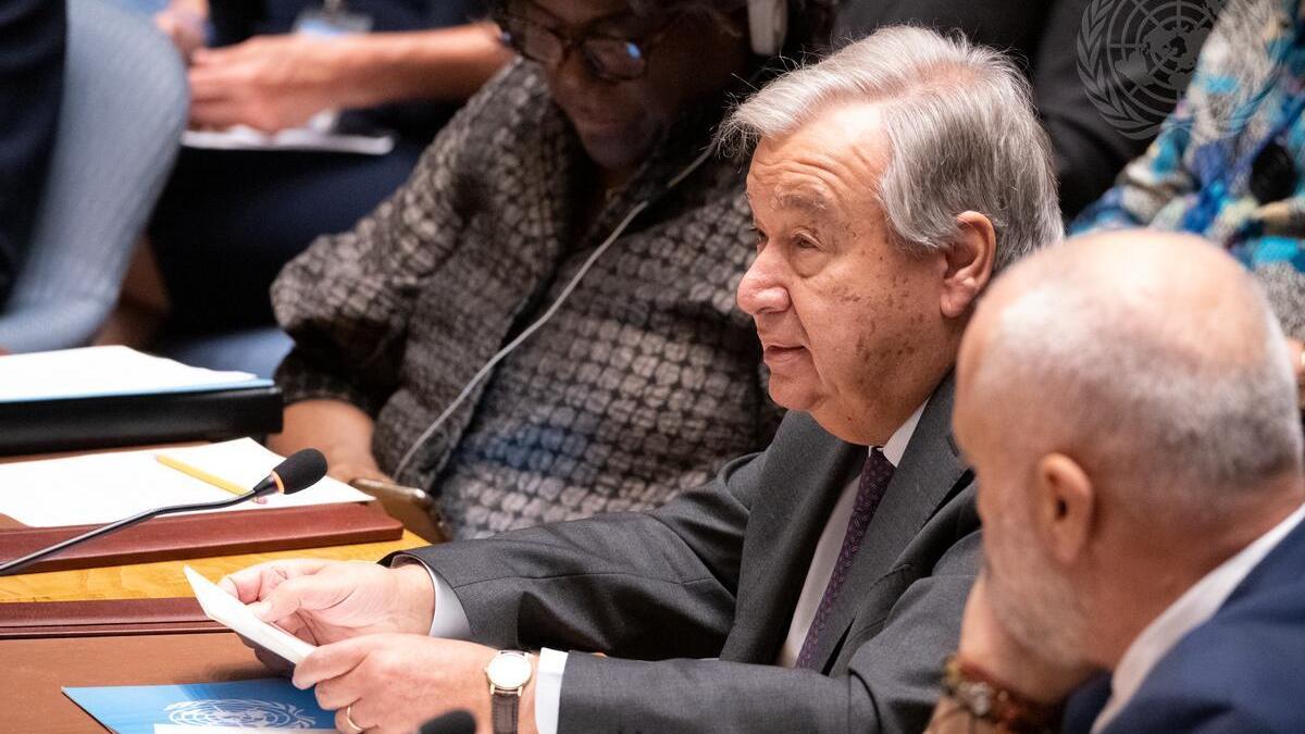 Secretary-General António Guterres (centre) addresses the Security Council meeting on upholding the purposes and principles of the UN Charter through effective multilateralism: maintenance of peace and security of Ukraine.