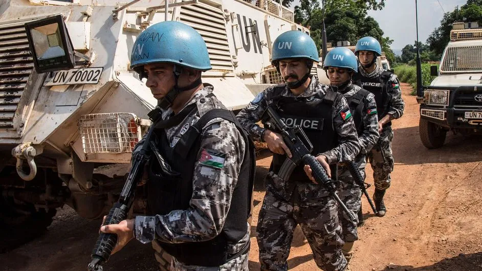 UN police officers from Jordan patrol in Bangui, the capital of the Central African Republic.