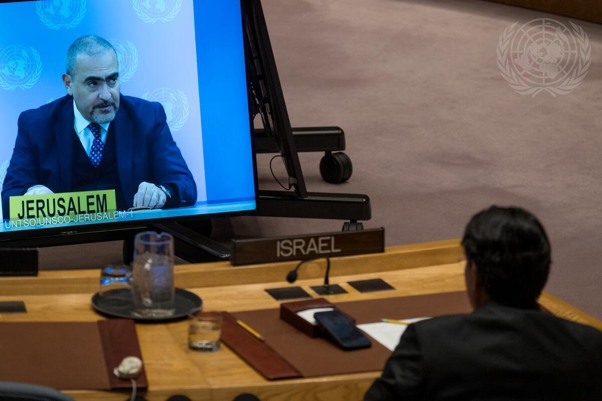 Ramiz Alakbarov (on screen), Deputy Special Coordinator for the Middle East Peace Process, United Nations Resident and Humanitarian Coordinator, briefs the Security Council meeting on the situation in the Middle East, including the Palestinian question. [UN Photo/ Mark Garten - 16 December 2025]