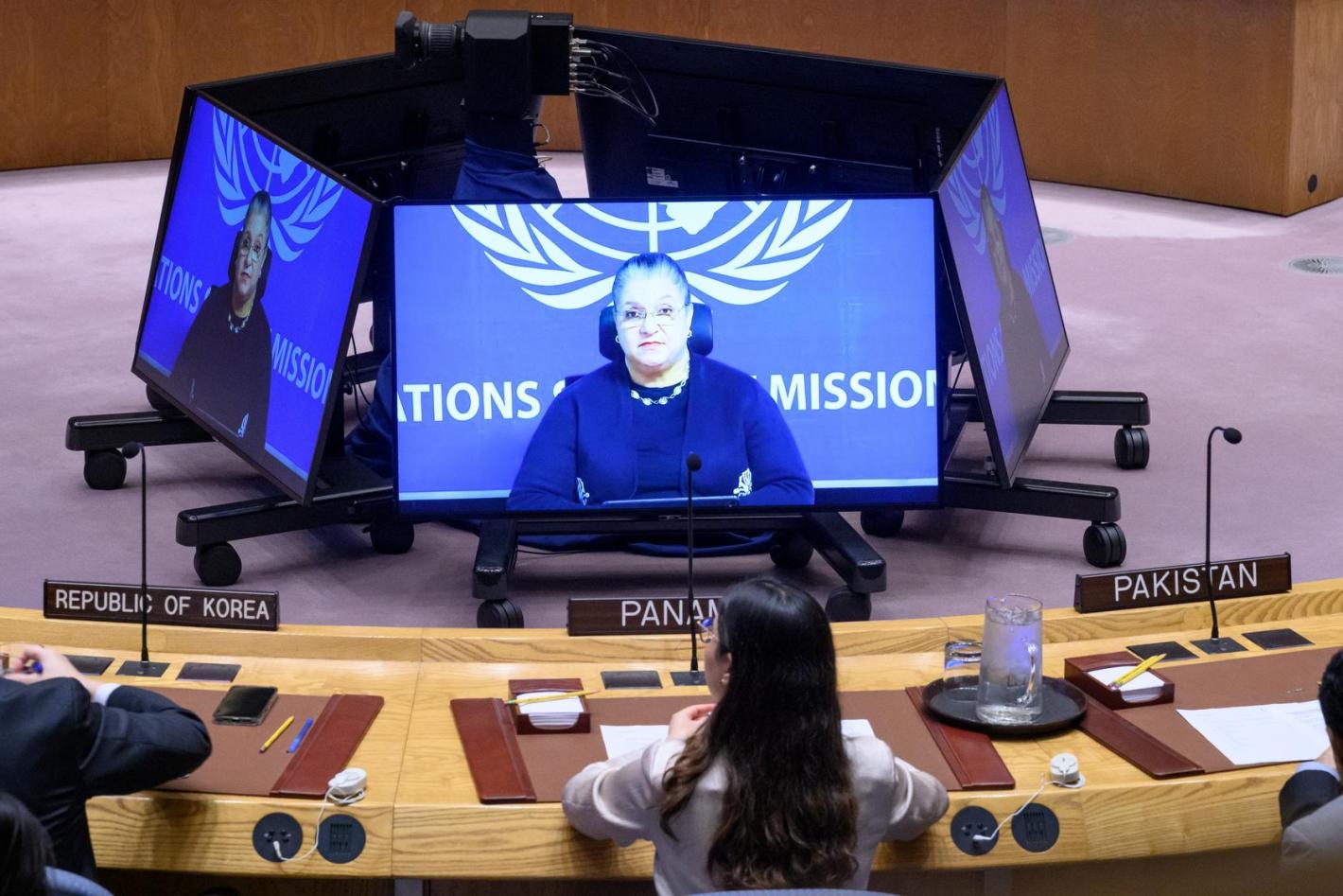 Photo of SRSG Hanna Tetteh, briefs Security Council on the situation in Libya on screen online from Tripoli